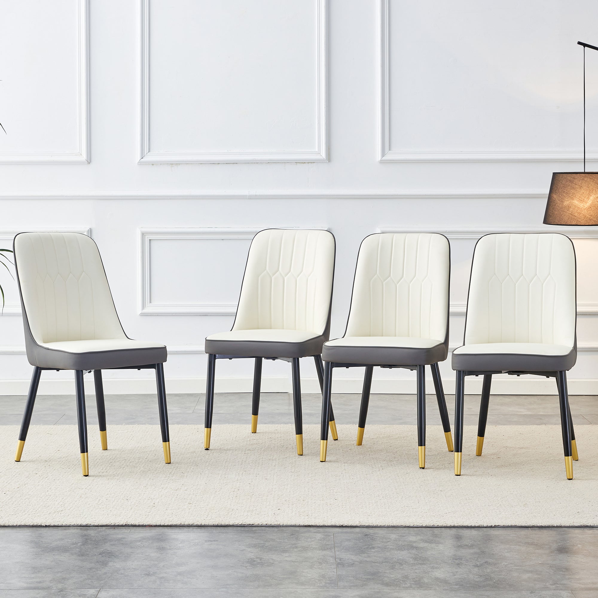 A Modern Dining Chair With A White Dark Gray Dual Tone PU Leather Backrest And B
