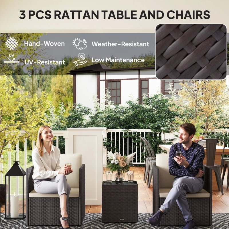 Folding Wicker Bistro Set, 3 Piece Patio Furniture Set With Cushions And Glass C
