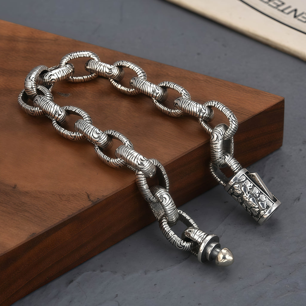 Antique Bark Textured Thick Oval Link Bracelet For Men, Copper Plated Silver Vin