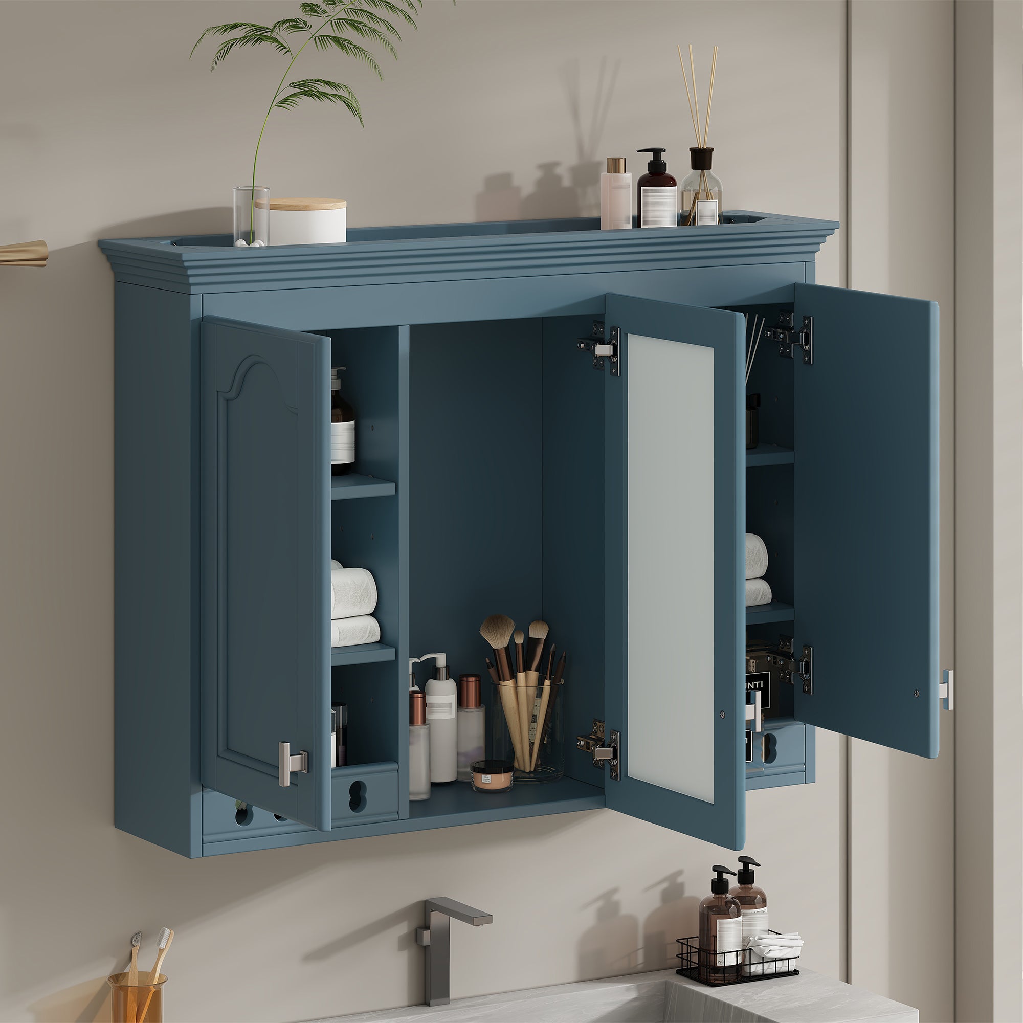 35 Inch Wall-Mount All-in-One Mirror Cabinet With Adjustable Shelves, Soft-Closi