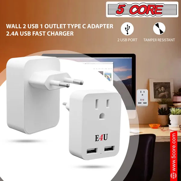 European Travel Plug Adapter W 2 USB-Ports Universal Adopter For International P