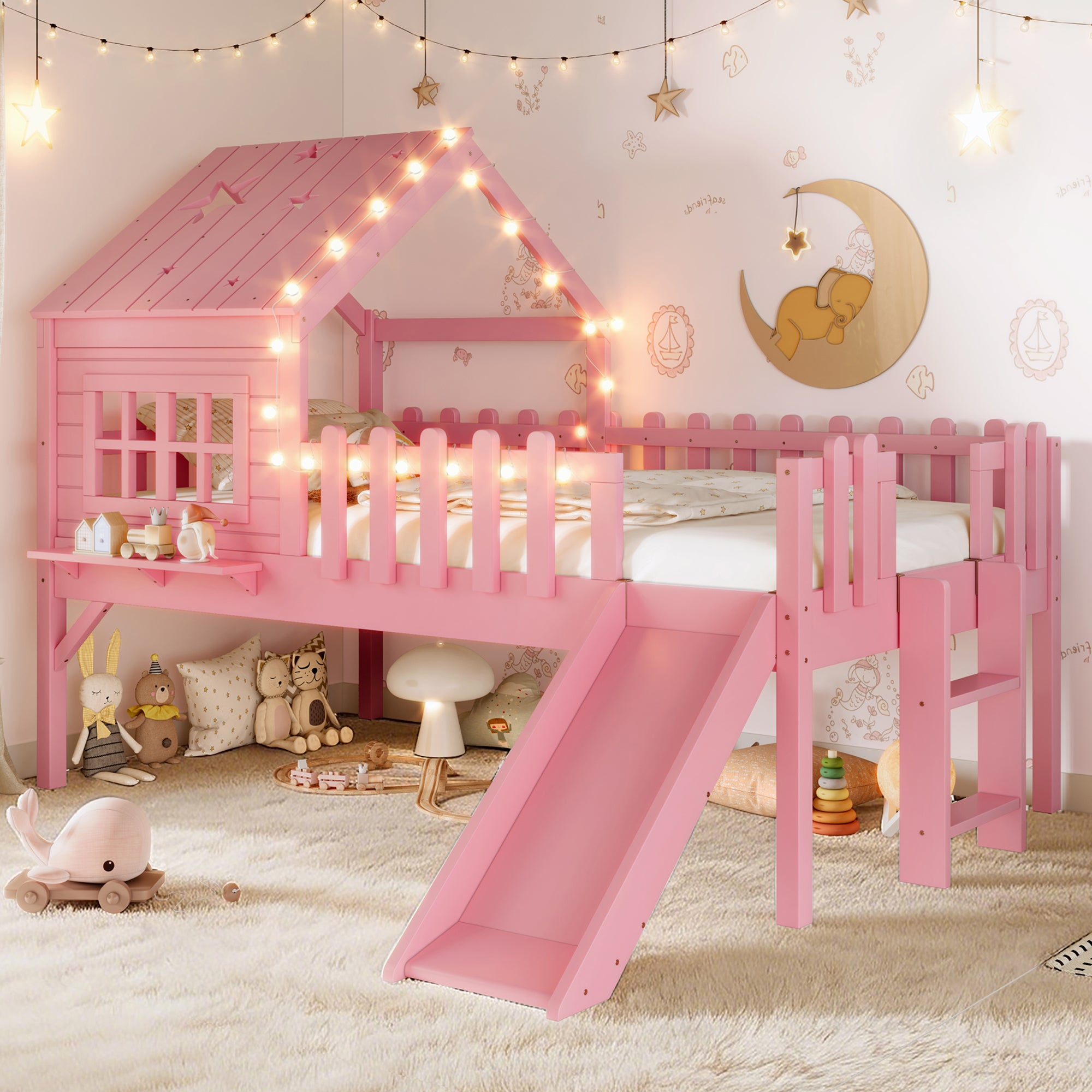 Twin Size House Loft Bed With Slide,Playhouse Bed With Star-shaped Designs And W