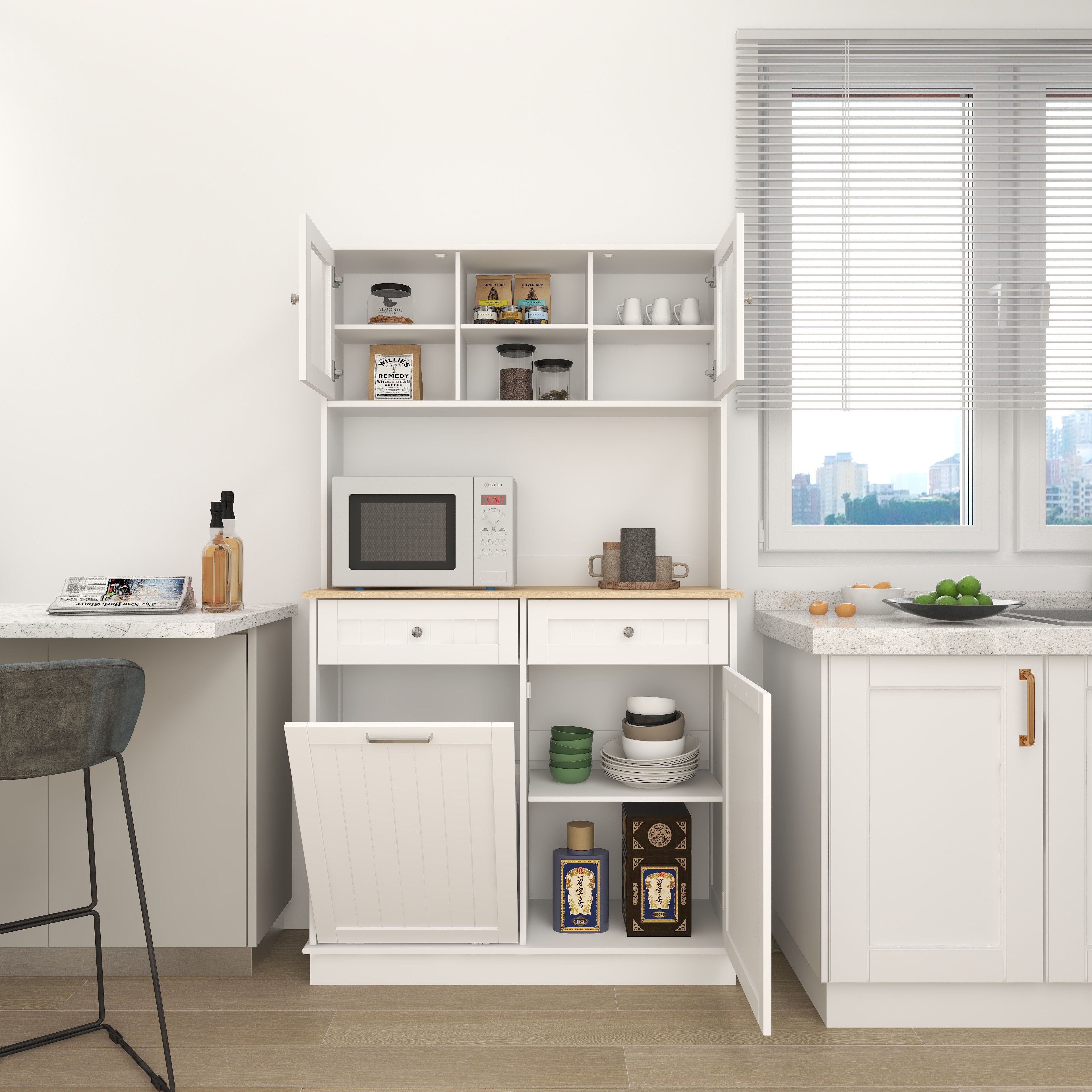 67.7  Tall Kitchen Trash Can Storage Cabinet With 3 Adjustable Shelves, 2 Drawer