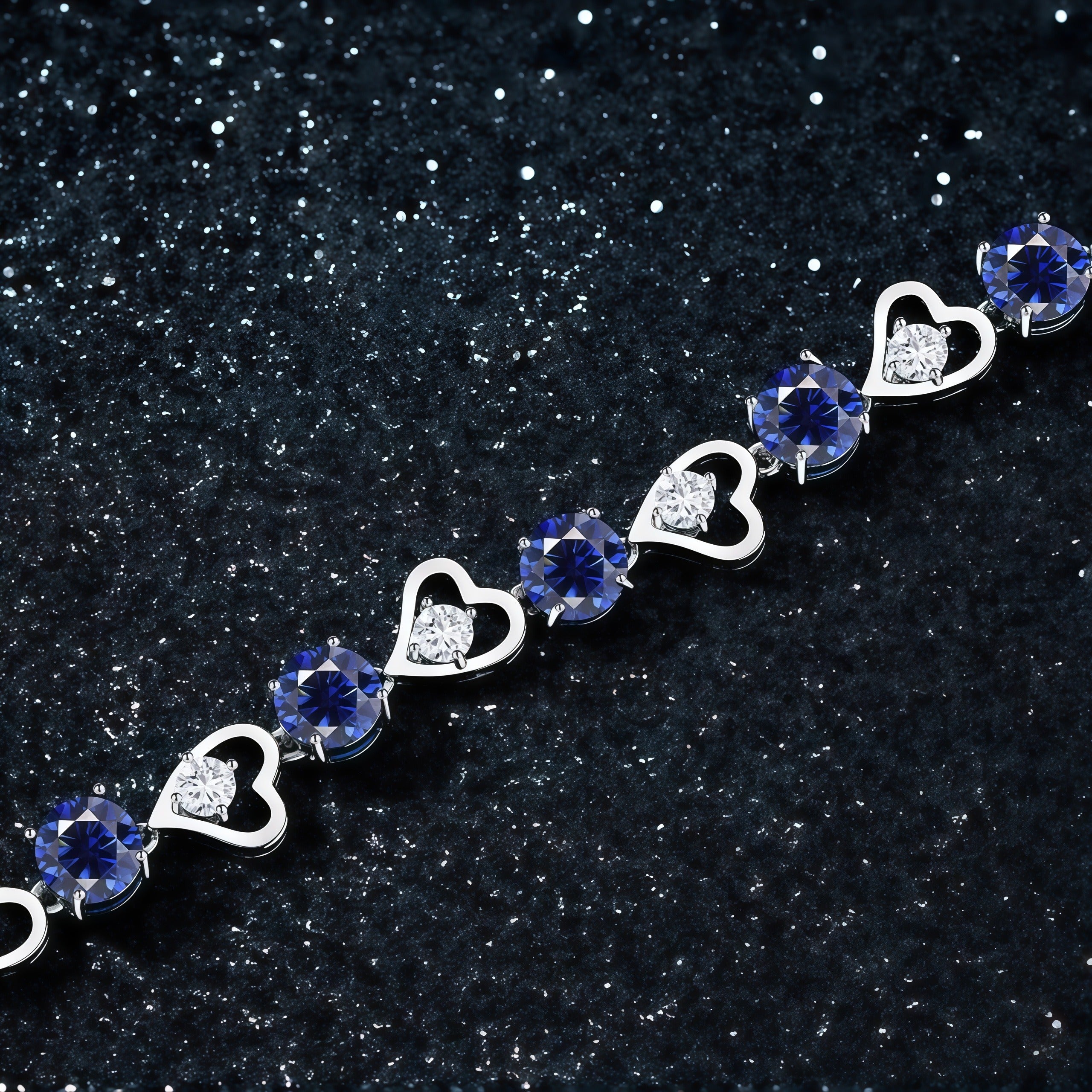 Heart Link Round Blue CZ Tennis Bracelet For Women, Copper Plated Silver With Ad