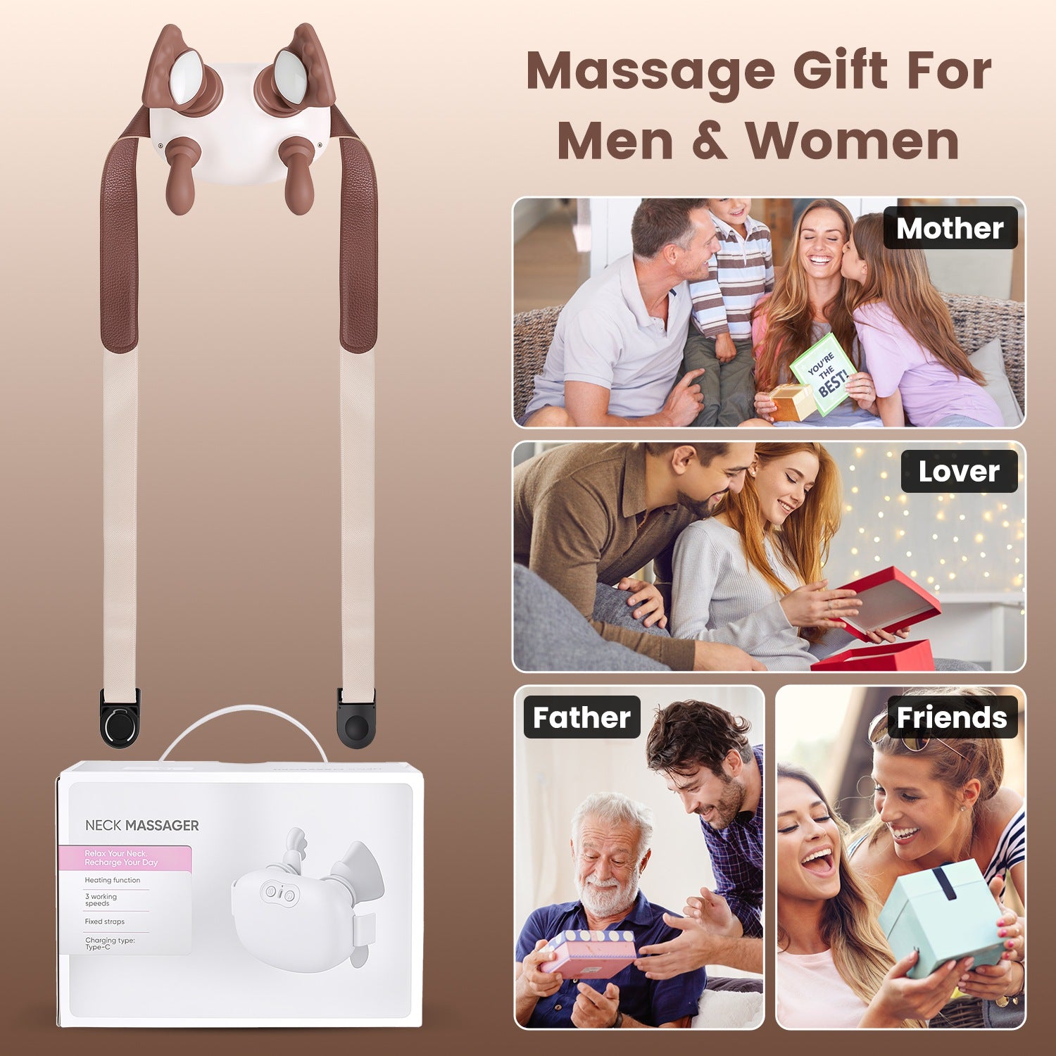 Cordless Shiatsu Neck Massager With Heat, 4 Silicone Massage Nodes, 3 Intensity 