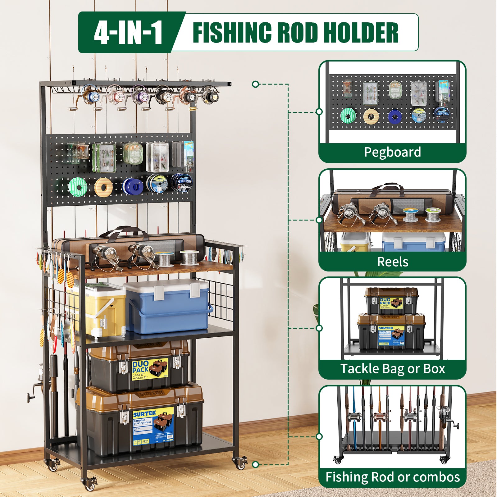 Fishing Rod Storage Rack With Pegboard, Rolling Tackle Organizer Cart, Multi-Tie