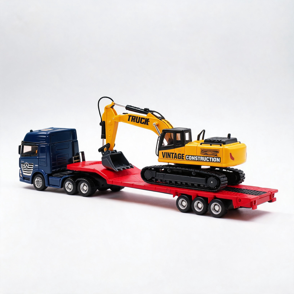 Flat Trailer Truck With Excavator Vehicles Toys, 1 50 Scale Diecast Site Trailer