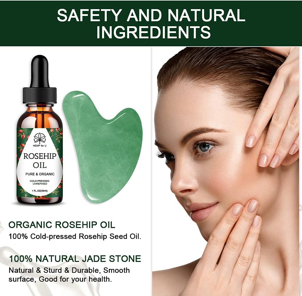 Gua Sha Massage Tools & Rosehip Oil In One Set, Nature Jade Stone Facial Gua Sha