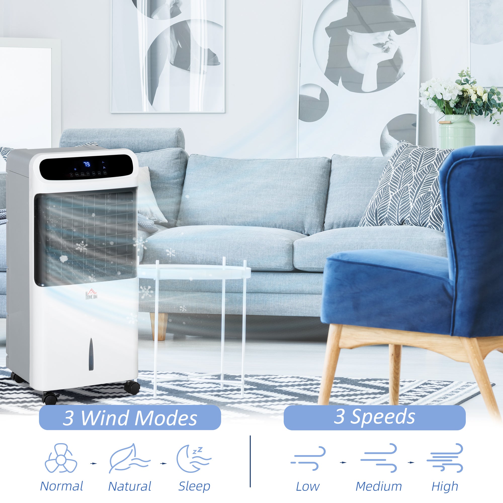 32" Evaporative Air Cooler With 3.2 Gal Water Tank, 60° Oscillating, 3-In-1 Ice 