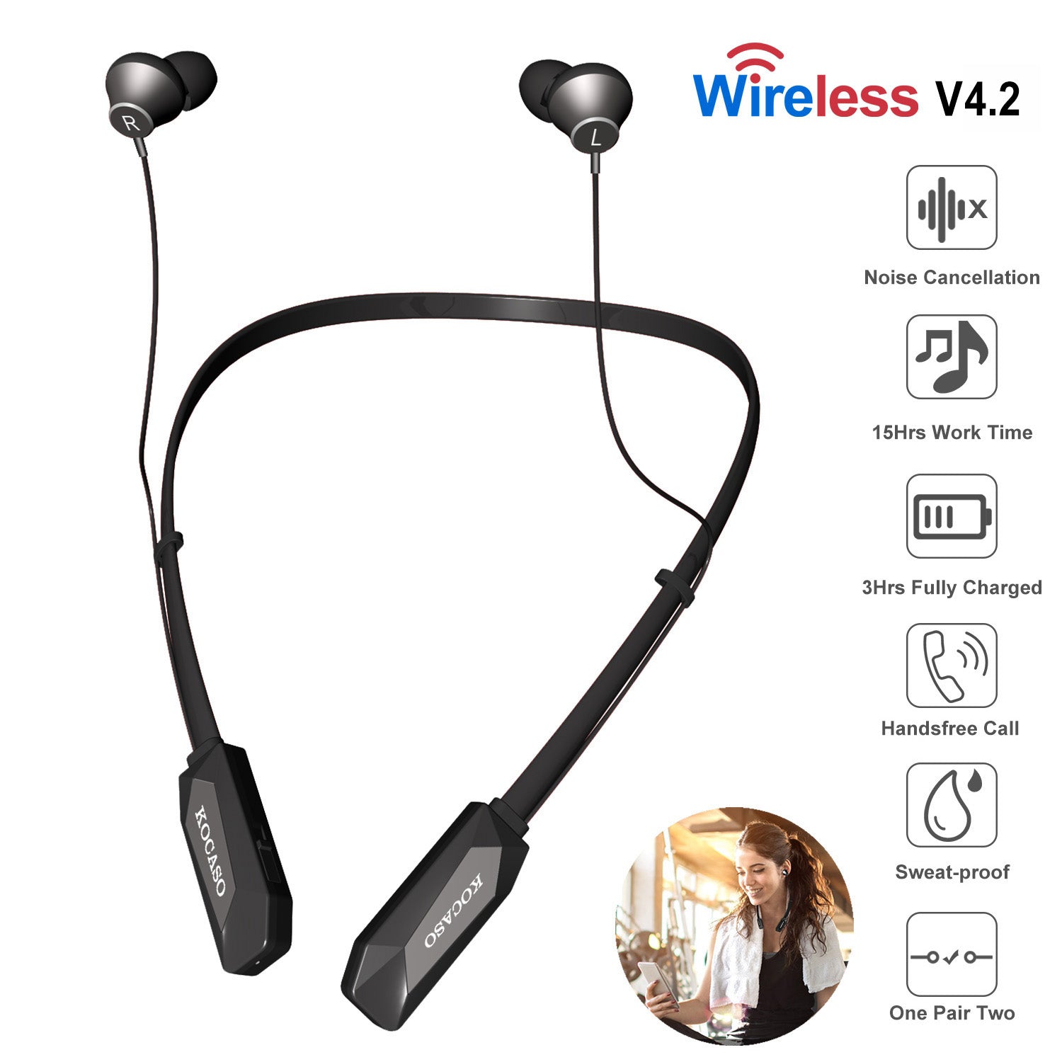 Black-Red Color Options -- 1Pc Wireless Neckband Headphones V4.2 Sweat-proof Spo