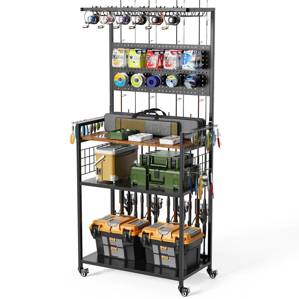 Fishing Rod Storage Rack With Pegboard, Rolling Tackle Organizer Cart, Multi-Tie