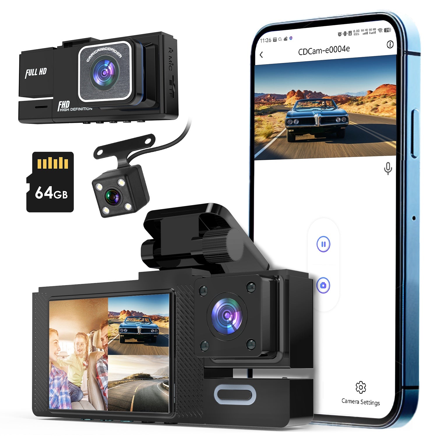 1Pc WiFi FHD 1080P Car Dash Cam 3 Channels Front Rear Inside Dash Camera With Lo