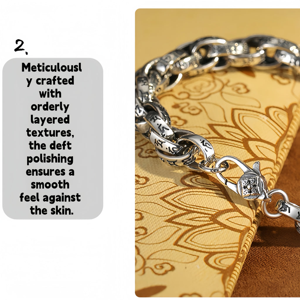 Antique Scroll Engraved Thick Curb Chain Bracelet For Men, Copper Plated Silver 