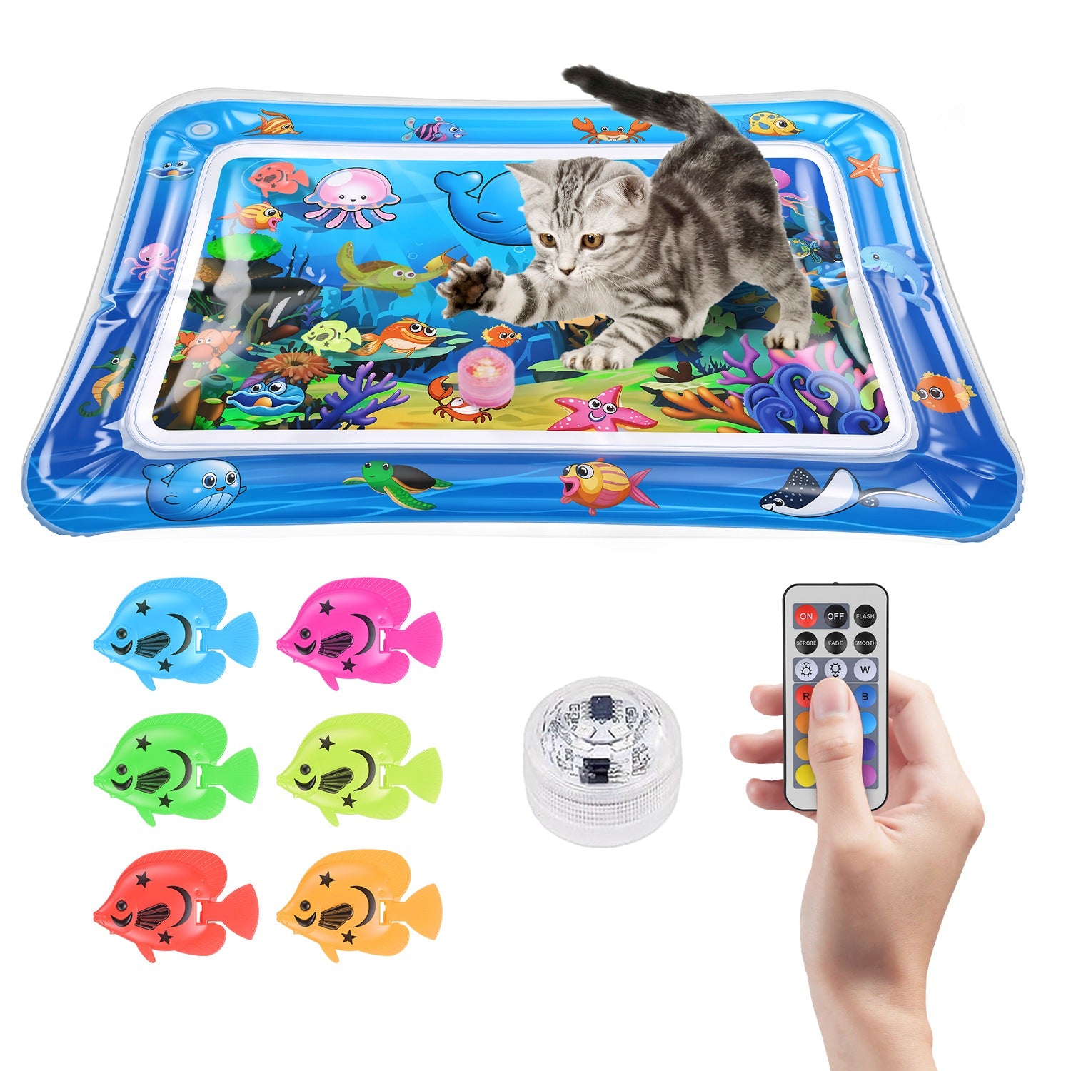 Cat Water Mat Interactive Sensory Play Mat With Floating Fish Toys LED Color Cha