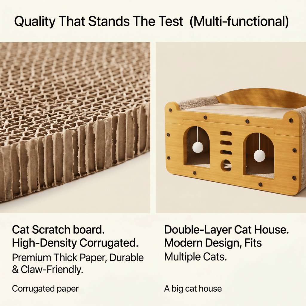Multi-Style Double-Layer Cat Scratcher House, 2-Tier Large Cat Villa Bed With Co