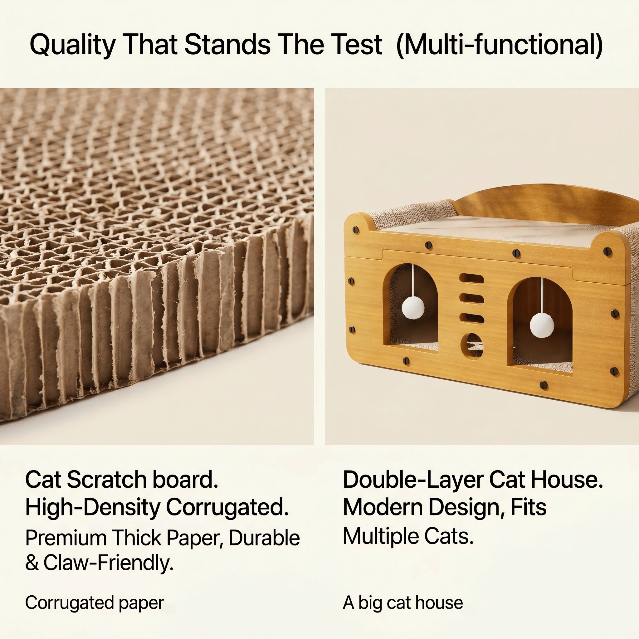 Multi-Style Double-Layer Cat Scratcher House, 2-Tier Large Cat Villa Bed With Co