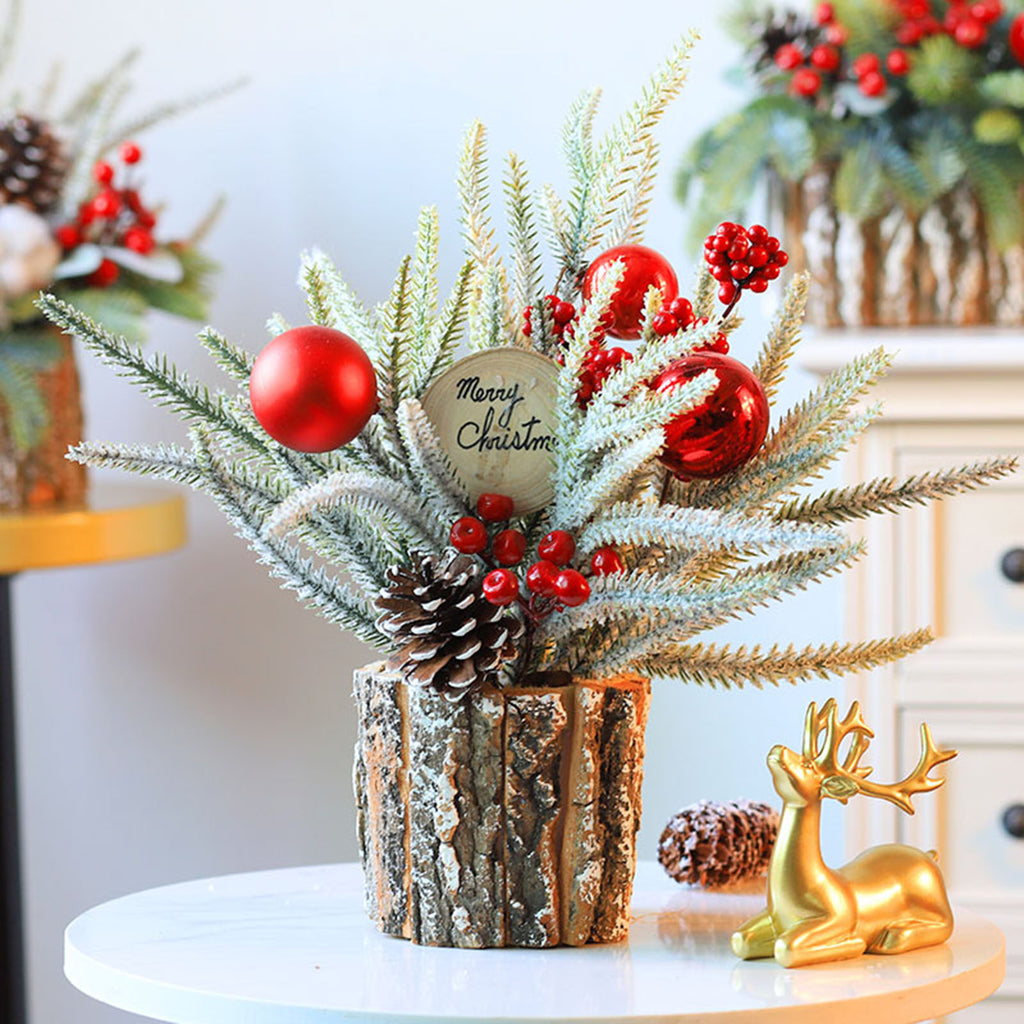 35cm Tabletop Xmas Tree Bark Wooden Barrel Decoration Artificial Bouquet Ornamen