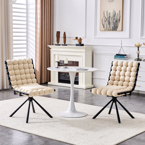 Set Of 2 Beige Puffy Bubble Chair Ball Chain Chair Velvet Dining Chairs With Bla