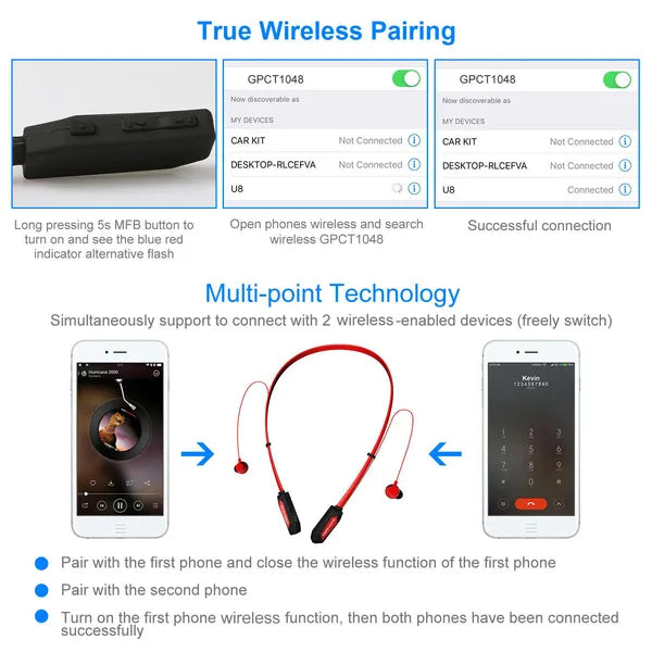 Wireless Neckband Headphones V4.2 Sweat-proof Sport Headsets Earbuds In-Ear Magn