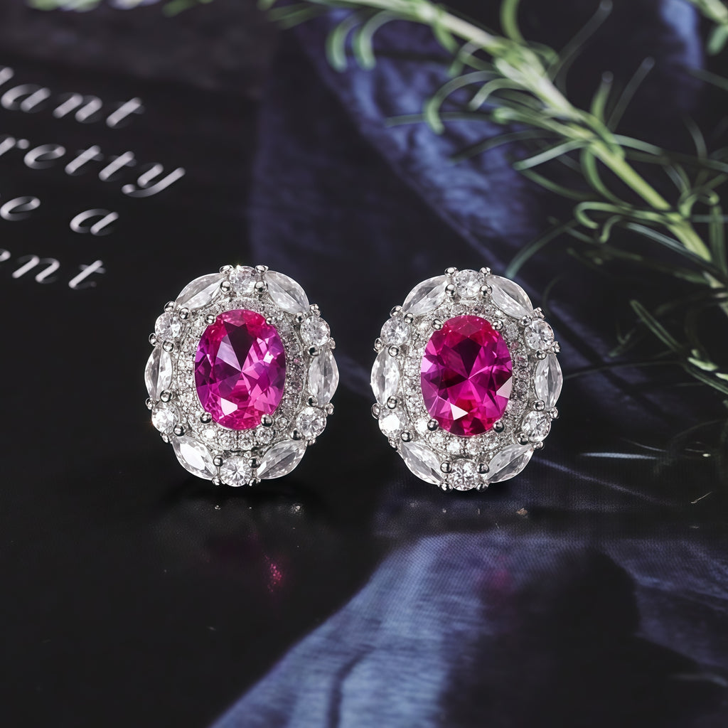 Oval Cut Hot  Ruby CZ Double Halo Stud Earrings For Women, Copper Silver Plated 