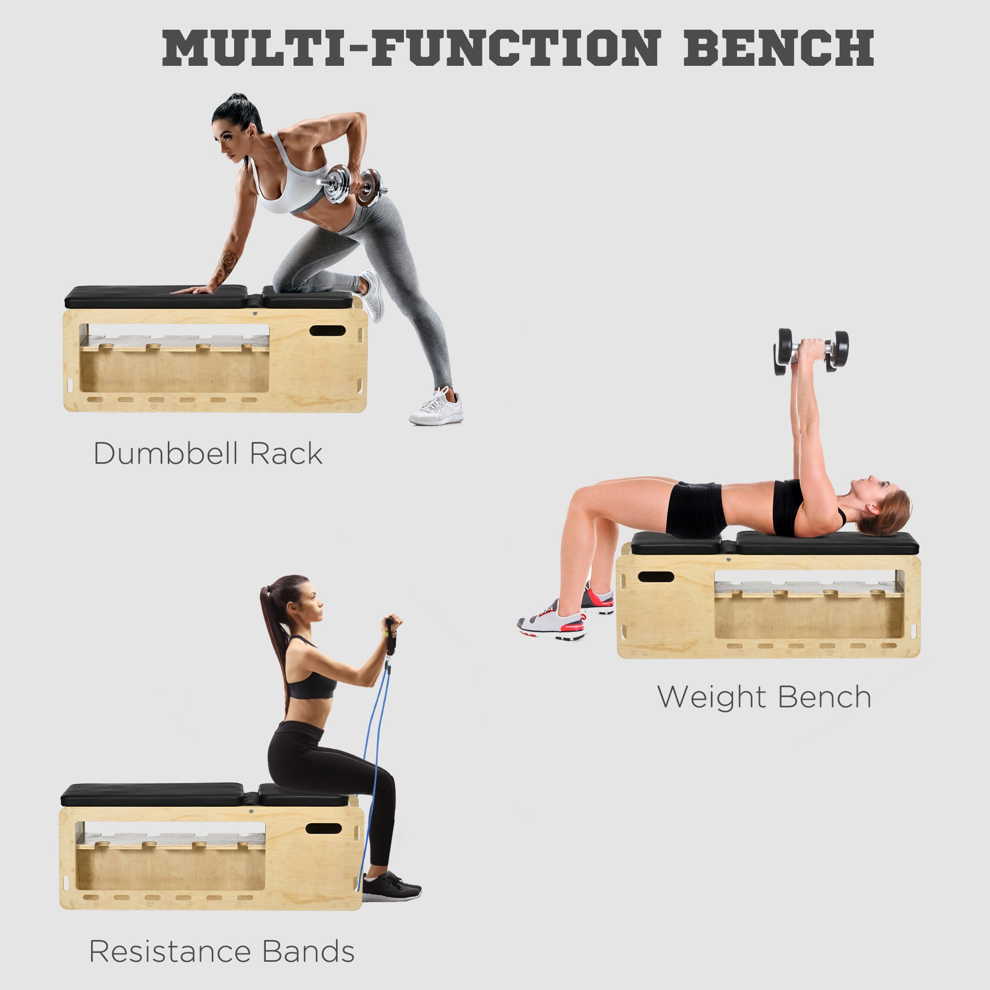 Wooden Workout Bench with Dumbbell Rack and Resistance Bands, Adjustable Incline