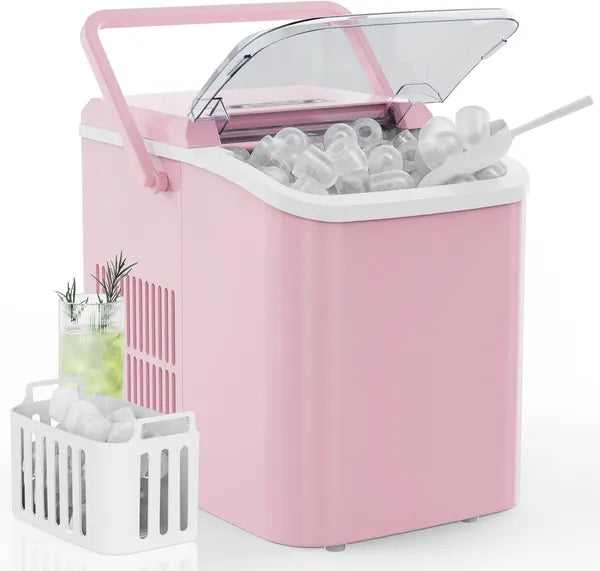 Countertop Ice Maker With Handle, 26lbs&24H Portable Ice Machine, 9 Bullet Ice C