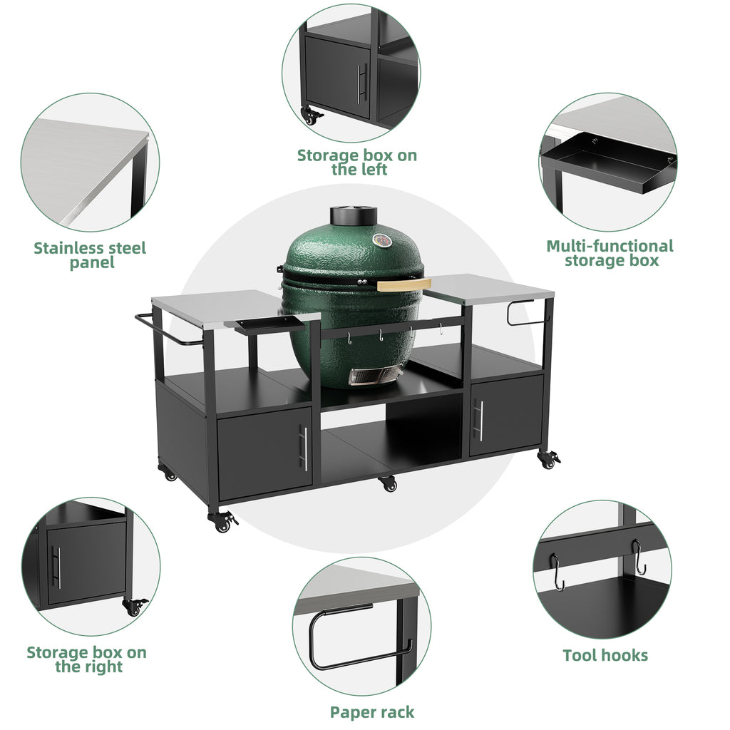 Outdoor Grill Table For Big Green Egg Style BBQ, Metal Grill Cart With Storage B
