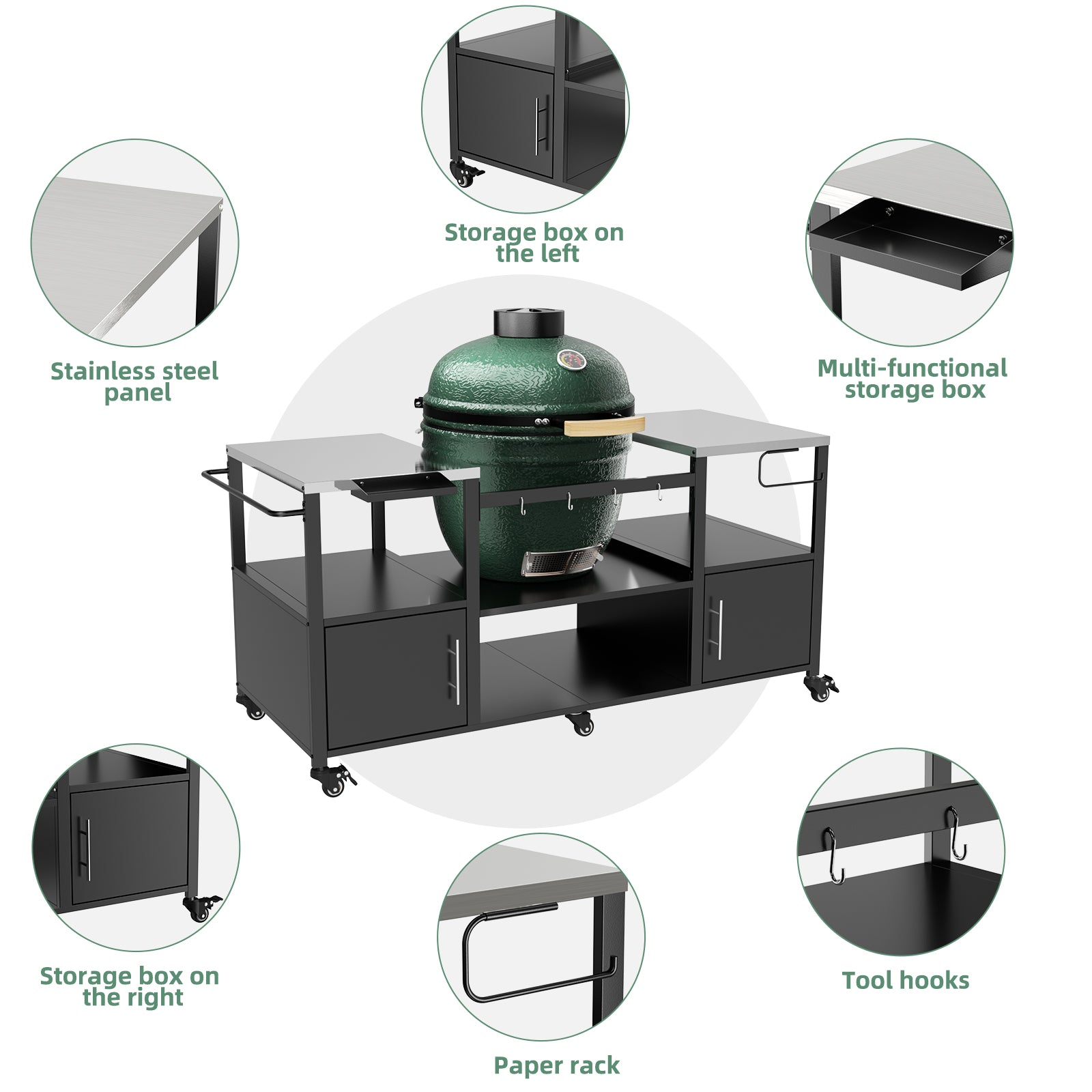 Outdoor Grill Table For Big Green Egg Style BBQ, Metal Grill Cart With Storage B