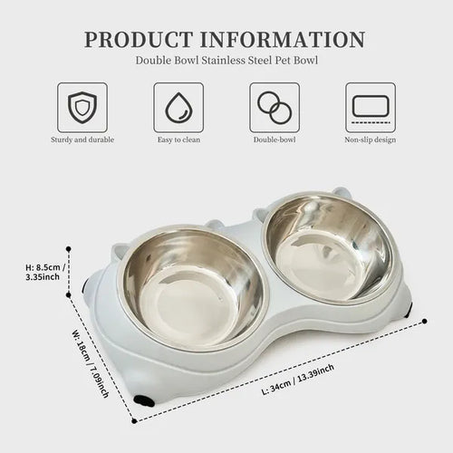 Anti Slip Base Double Cat Food Bowl, Gray Stainless Steel Food And Water Bowl, E
