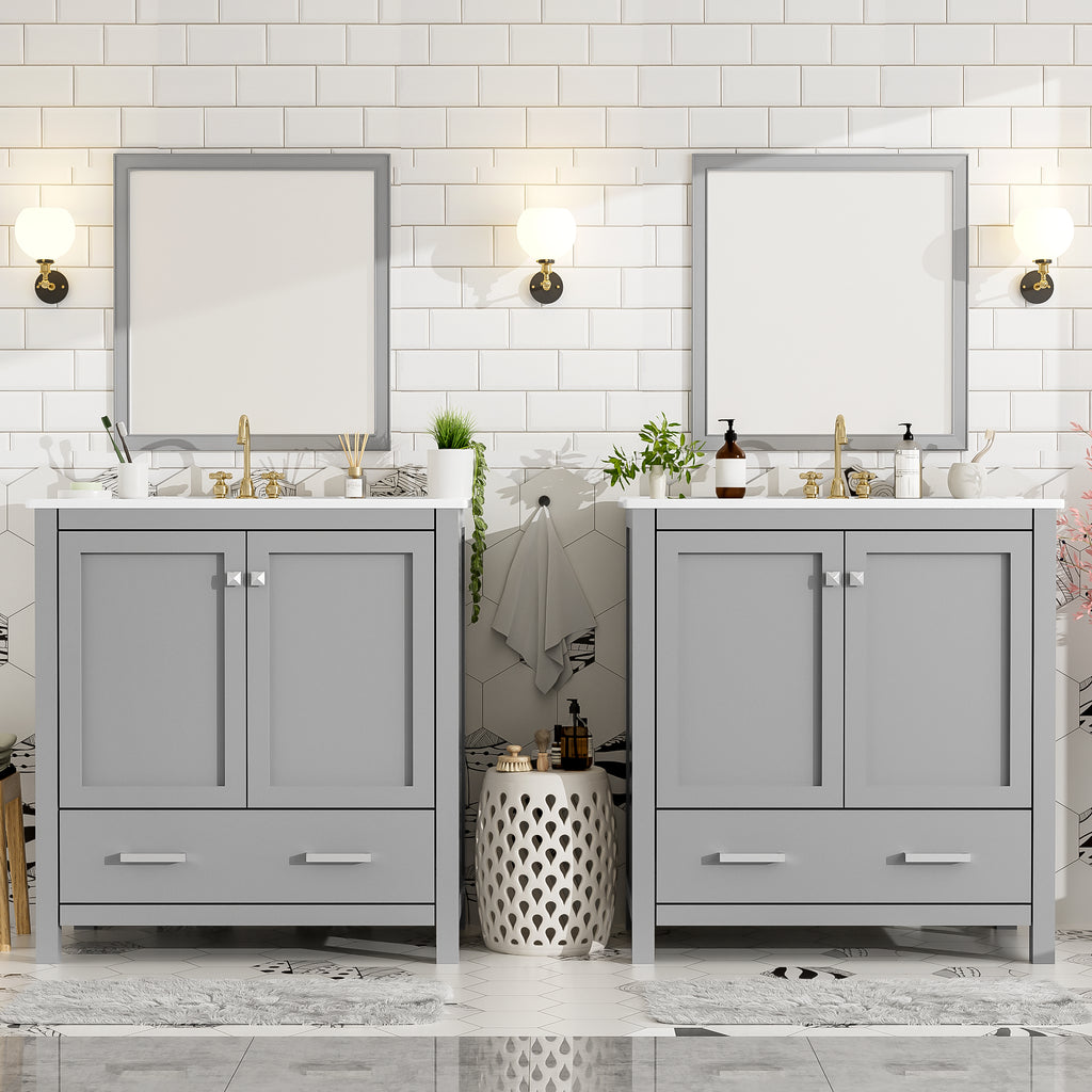 60  Grey Bathroom Vanity Set With Double Vanities  Separate , Double Ceramic Sin