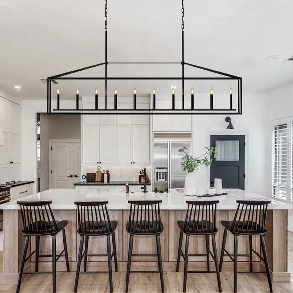 10 Lights Farmhouse Black Chandelier Rectangular Linear Pendant Lighting For Din