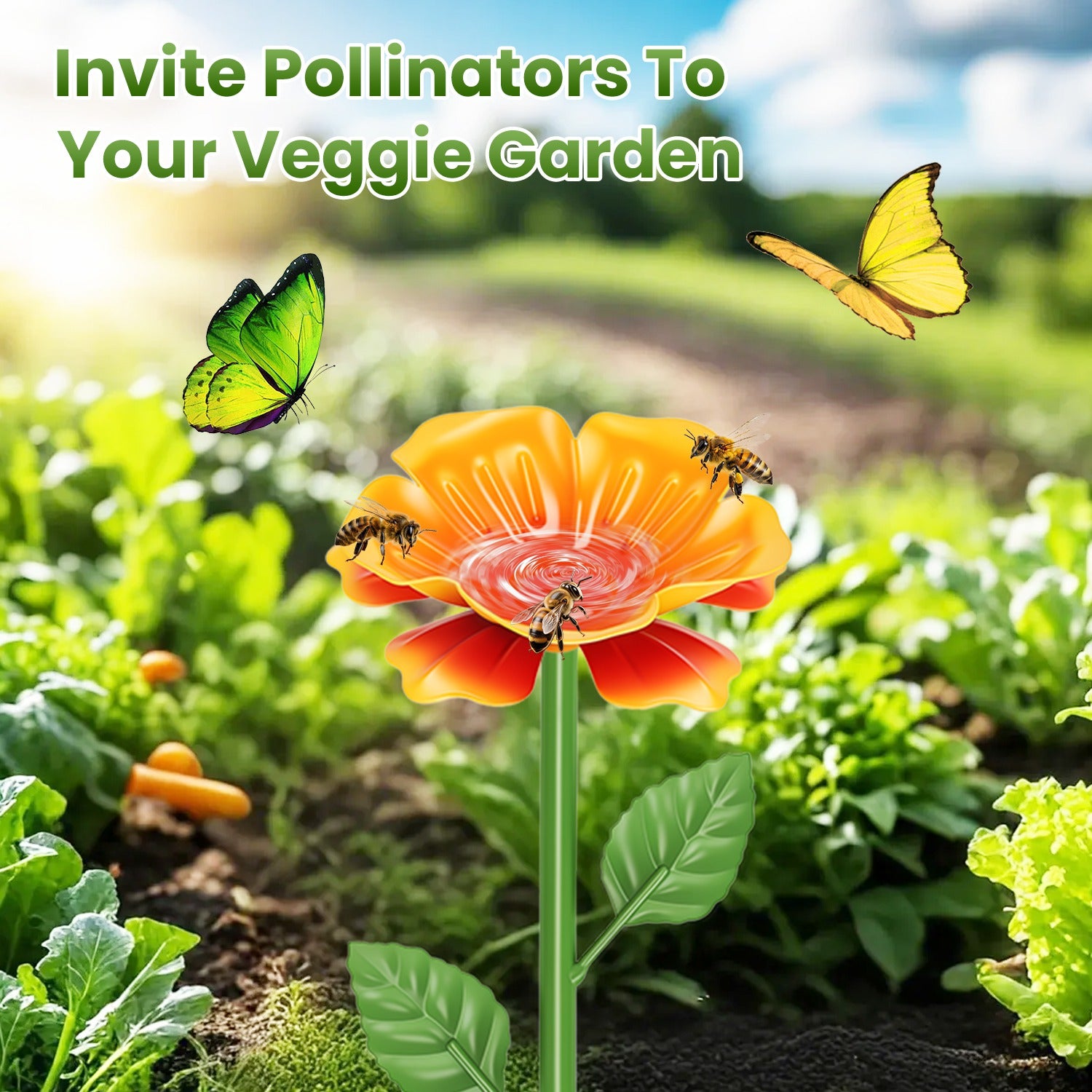Outdoor Pollinator Water Stakes, Flower Design Bee Butterfly Waterer, Weather Re