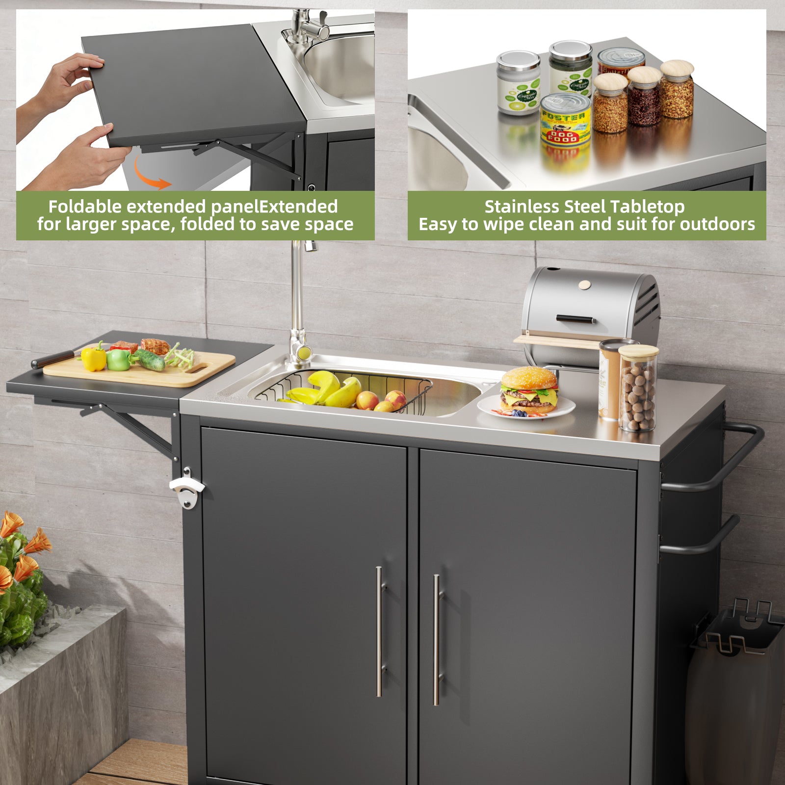 Outdoor Grill Table With Sink, Metal Worktable Kitchen Cabinet Island With Folda