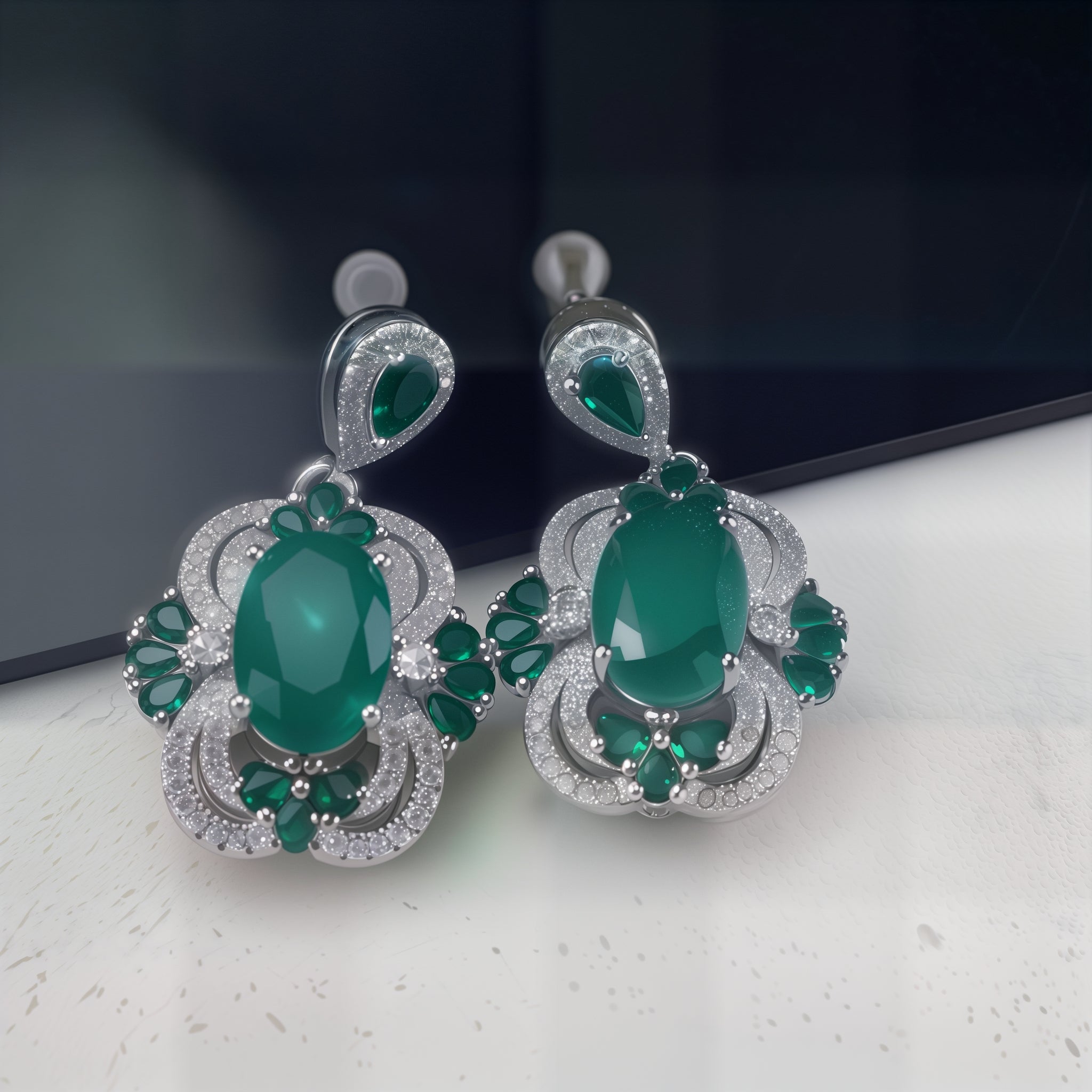 Vintage Oval Emerald CZ Floral Halo Drop Dangle Earrings For Women, Copper Silve