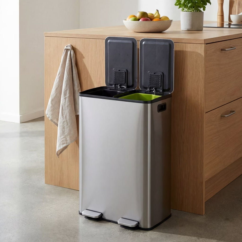 Dual Bin Trash Can, Foot Pedal Kitchen Recycling Bin, Soft-Close Lid And Removab