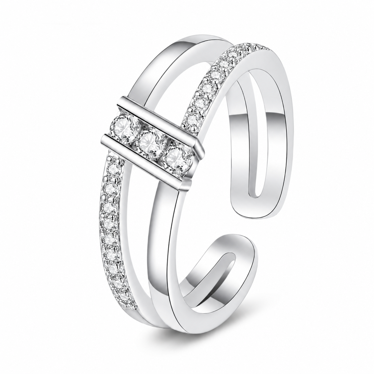 Double Split Band Bar Inlaid Clear CZ Open Adjustable Ring For Women, Copper Sil