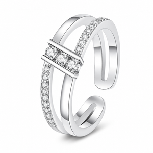 Double Split Band Bar Inlaid Clear CZ Open Adjustable Ring For Women, Copper Silver Plated Minimalist Stackable Daily Wedding Band Jewelry Gift