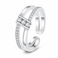 Double Split Band Bar Inlaid Clear CZ Open Adjustable Ring For Women, Copper Sil