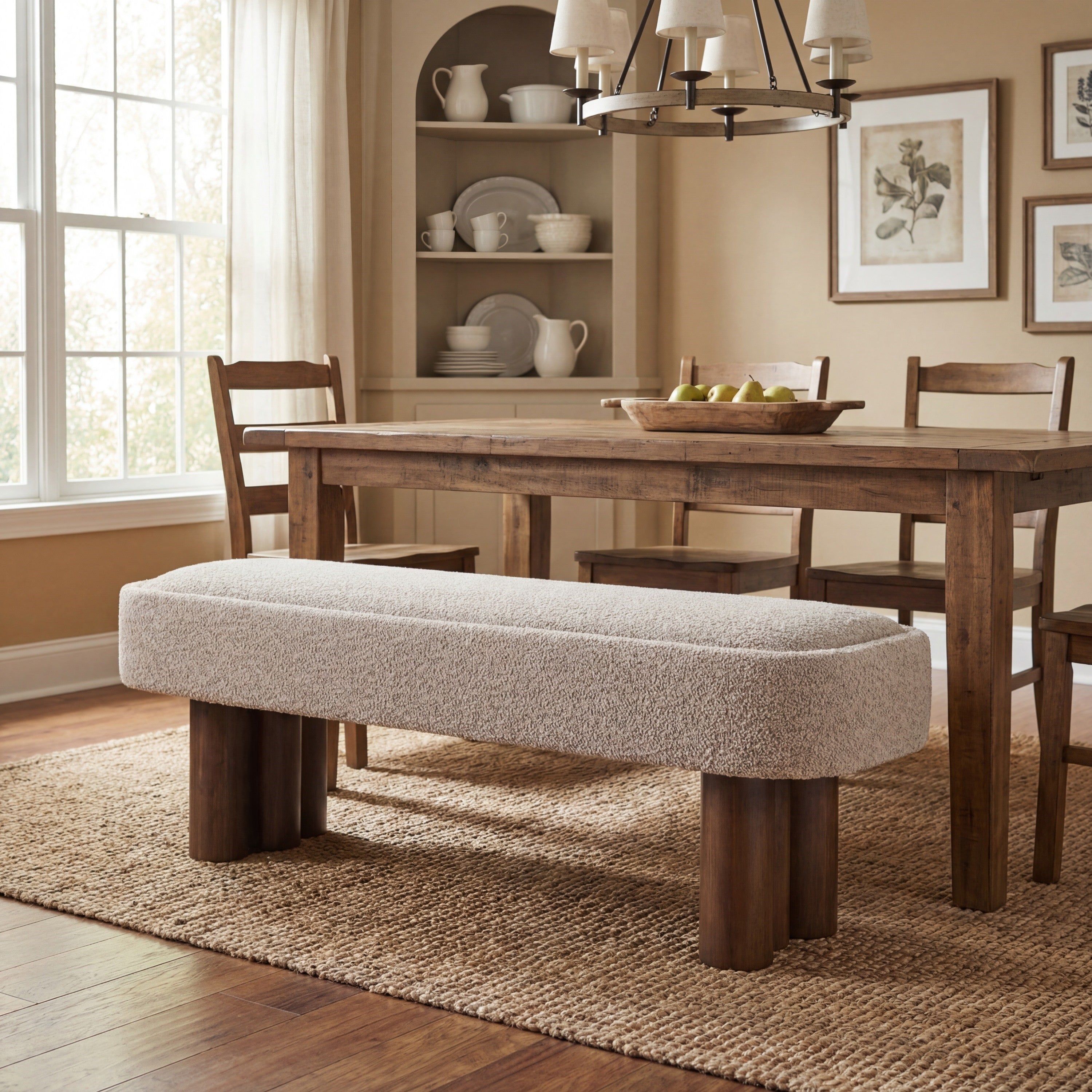 Indoor Khaki Boucle Dining Bench With Walnut Color Legs, 60.04 L Upholstered Sea