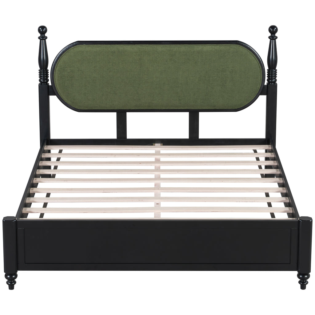 Queen Bed Frame, Solid Wood Platform With Slats, Green & Black Upholstered Headb