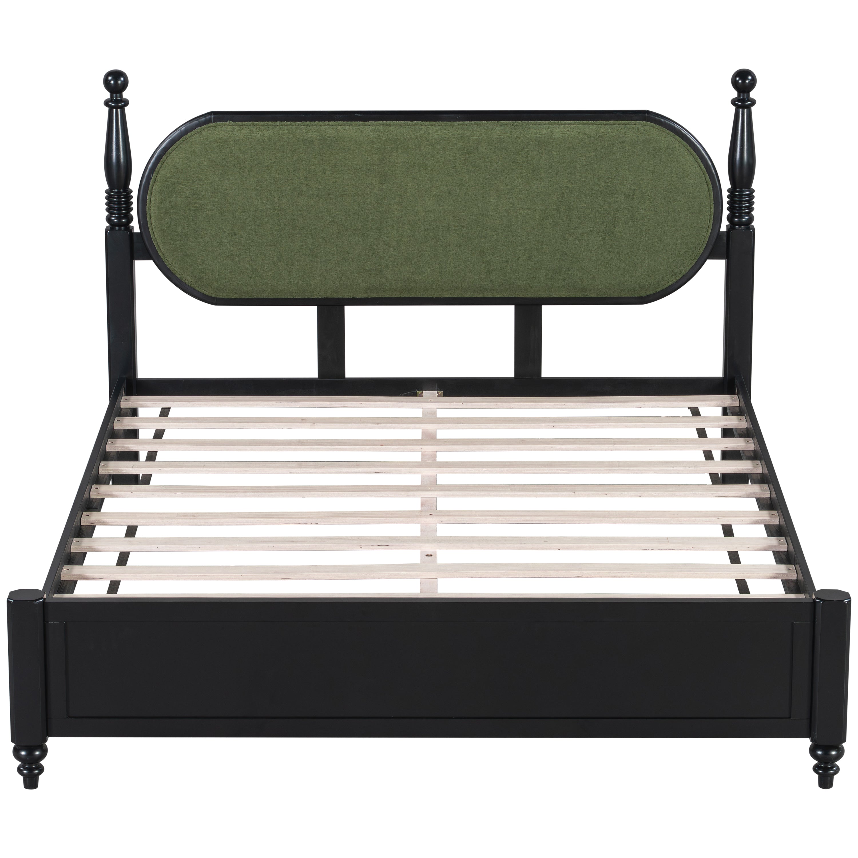 Queen Bed Frame, Solid Wood Platform With Slats, Green & Black Upholstered Headb