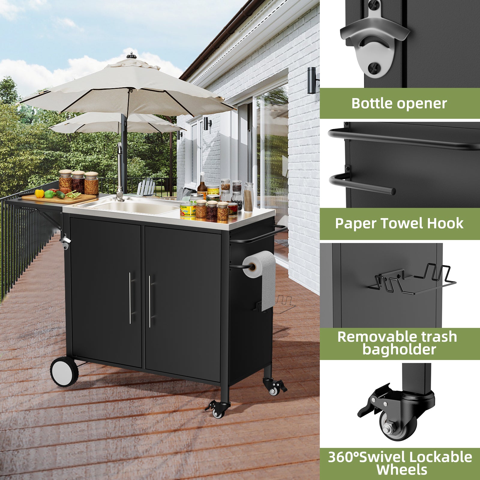 Outdoor Grill Table With Sink, Metal Worktable Kitchen Cabinet Island With Folda