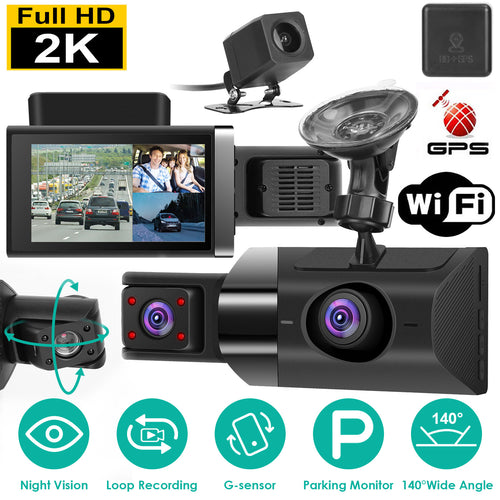 2K Car DVR 3 Channel Dash Cam Camcorder Camera Recorder With 140 Degree Angle GP