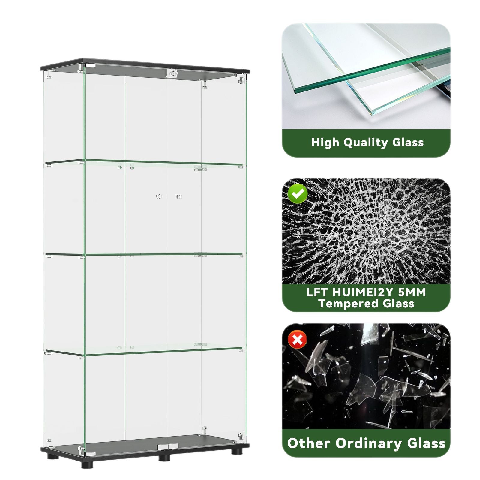 Glass Display Cabinet With 4-Shelf Double Doors And Lock, Curio Cabinet 5mm Temp