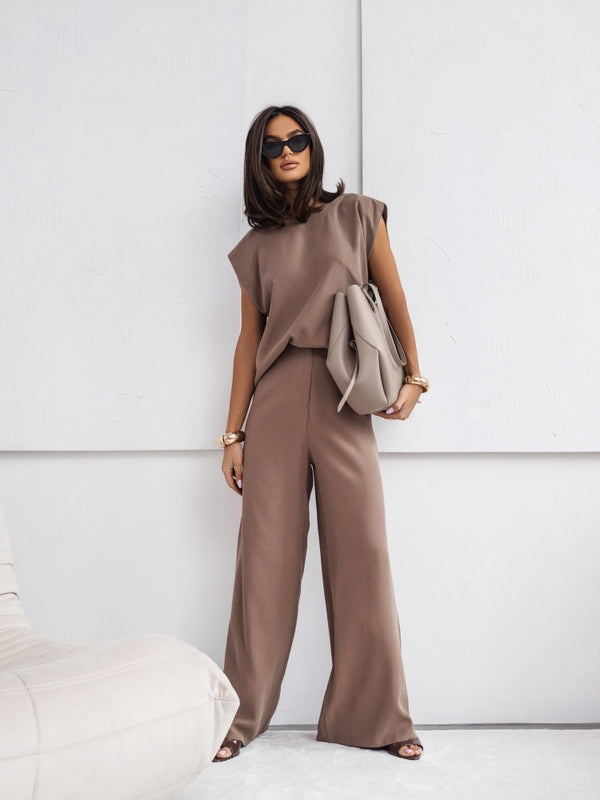 2026 NEW Women  2 Piece Casual Set Short Sleeve T-Shirt Vest Loose Wide Leg Pant