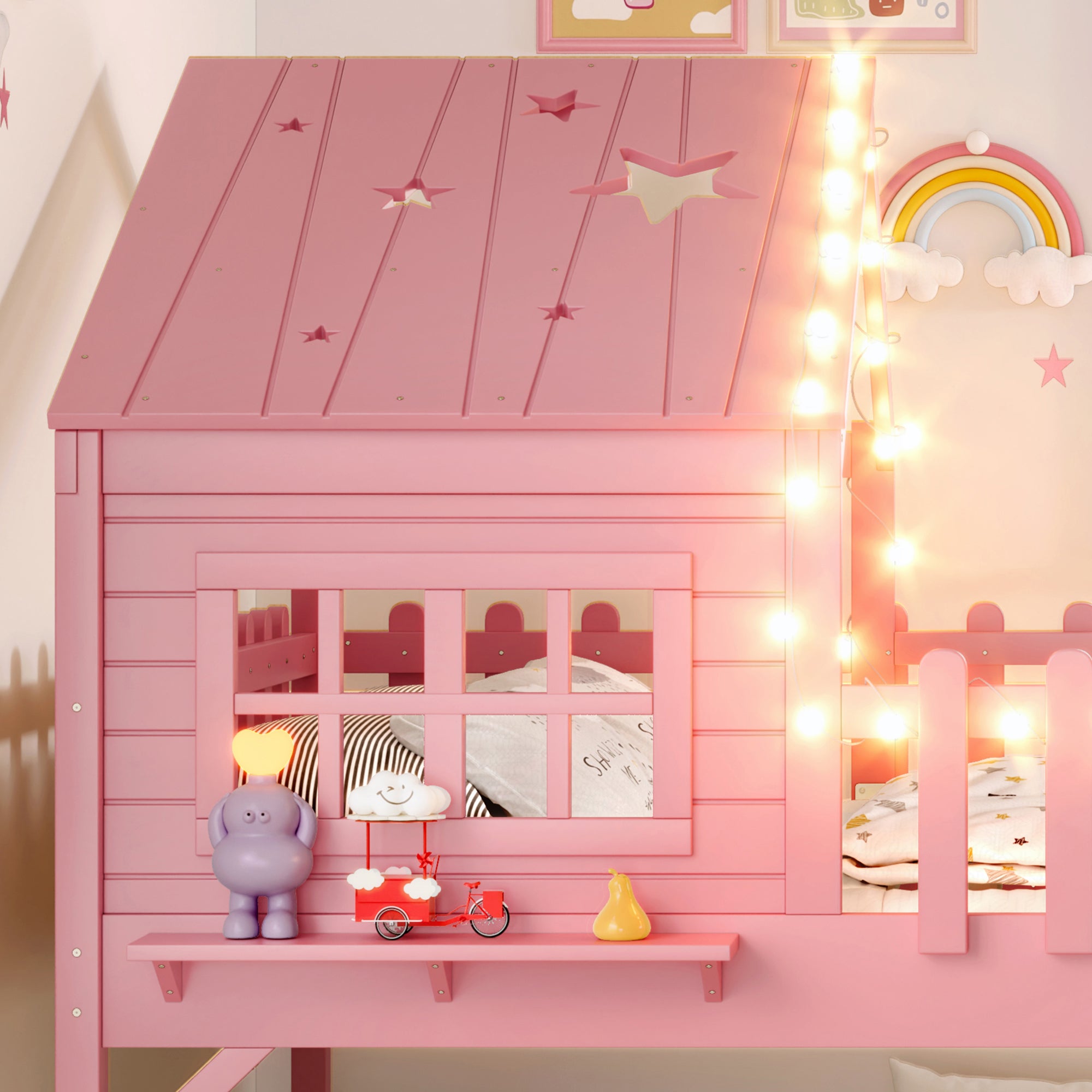 Full  Size House Loft Bed With Slide,Playhouse Bed With Star-shaped Designs And 
