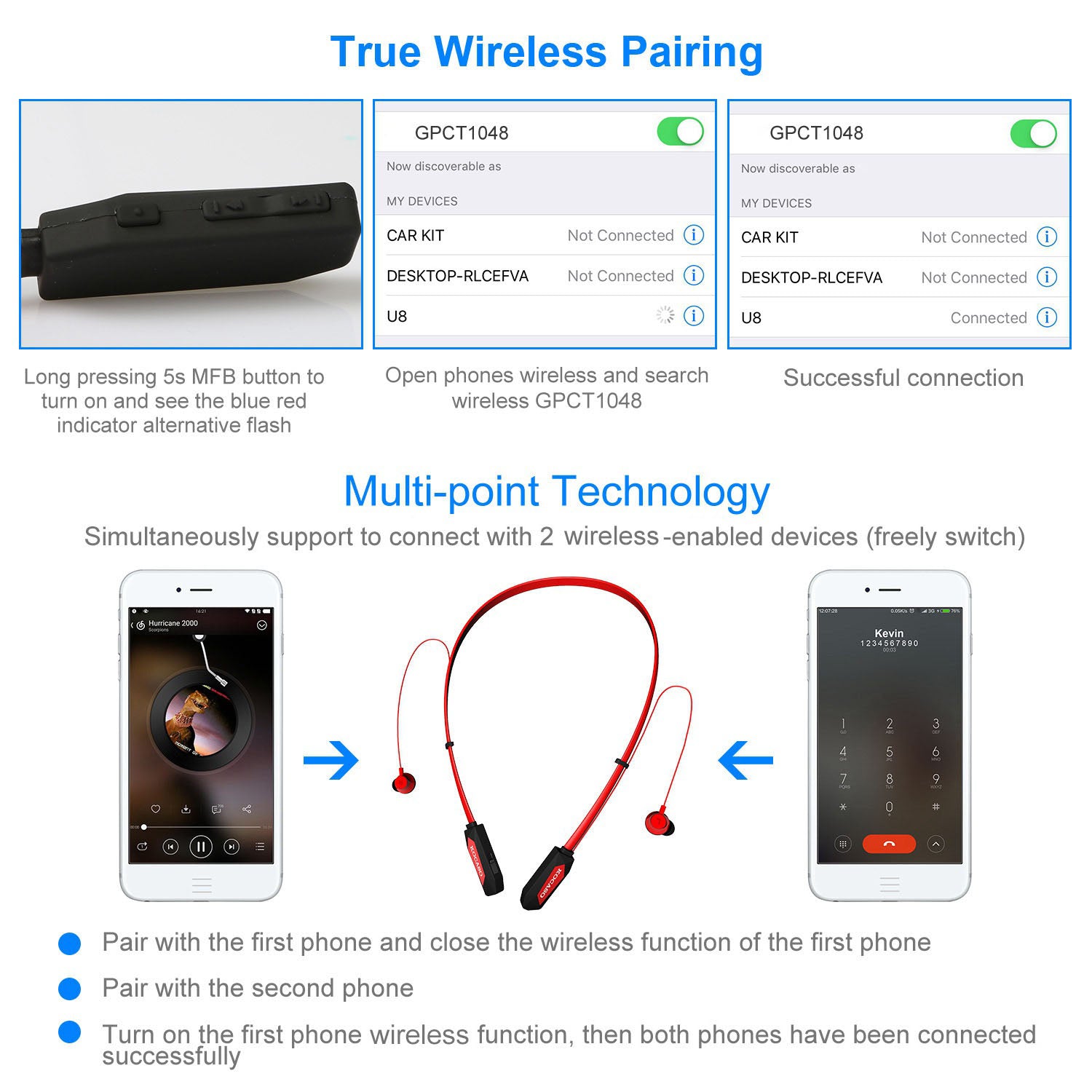Black-Red Color Options -- 1Pc Wireless Neckband Headphones V4.2 Sweat-proof Spo