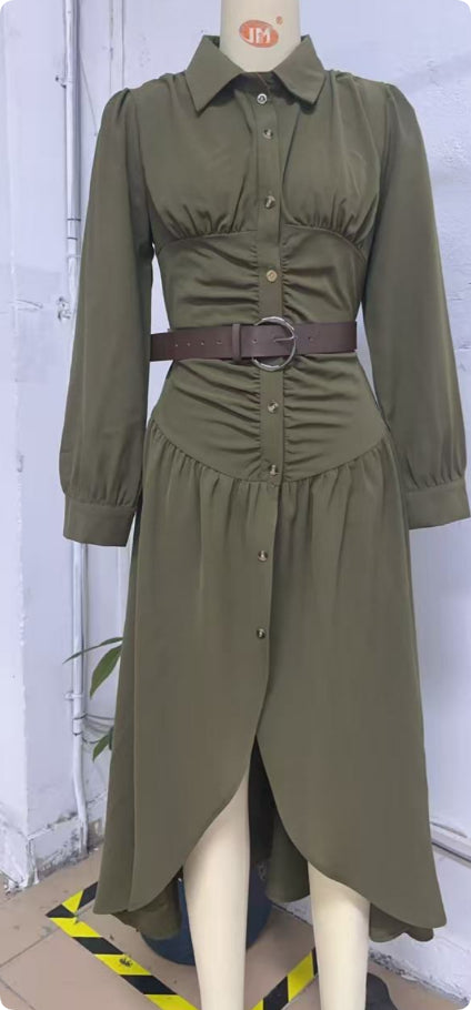 Women's V-Neck Cinched Waist Maxi Dress, Button-Down Long Sleeve Vintage Dress