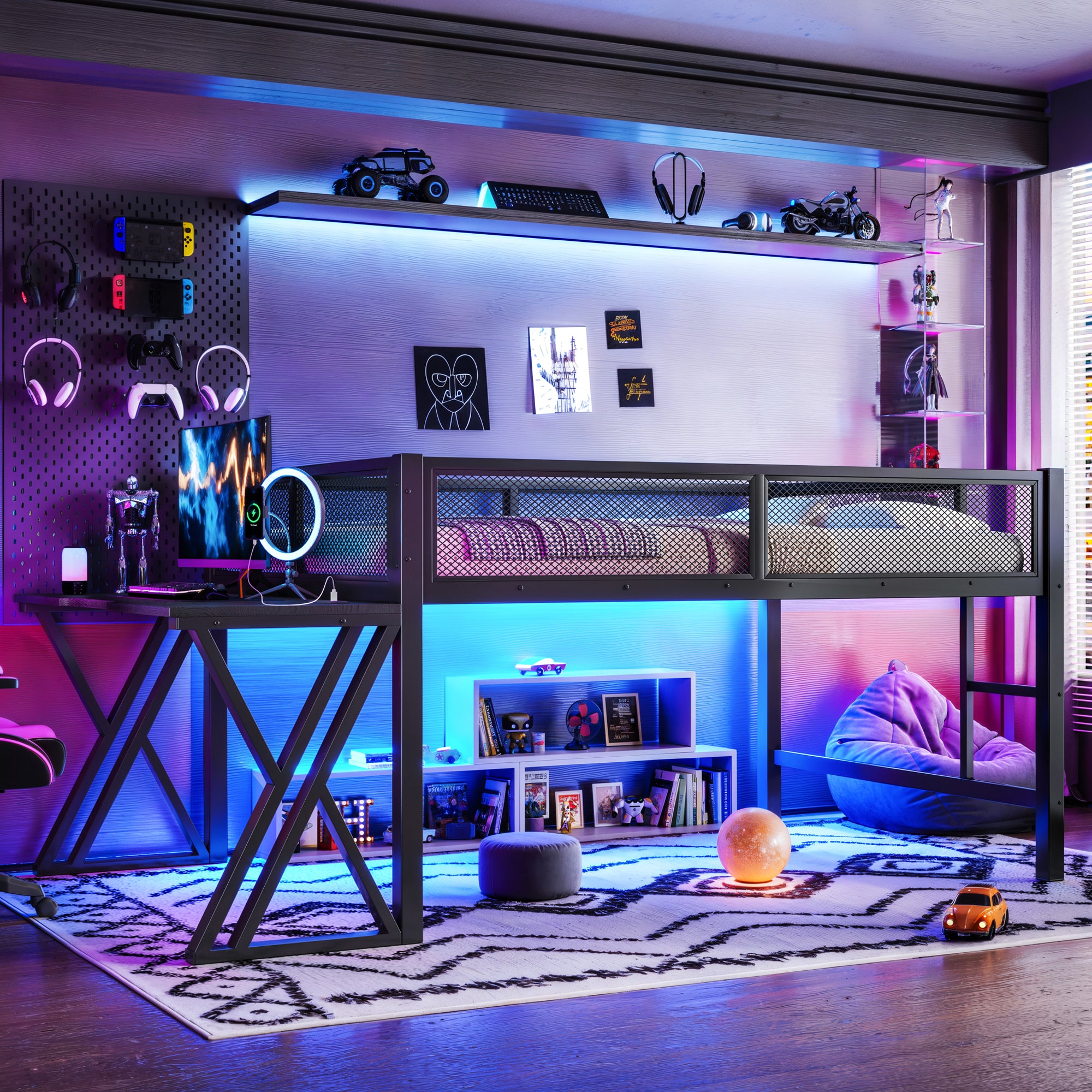 Full Size Gaming Loft Bed With Desk Of X-shaped Leg ,LED Lights, USB Ports, Stai