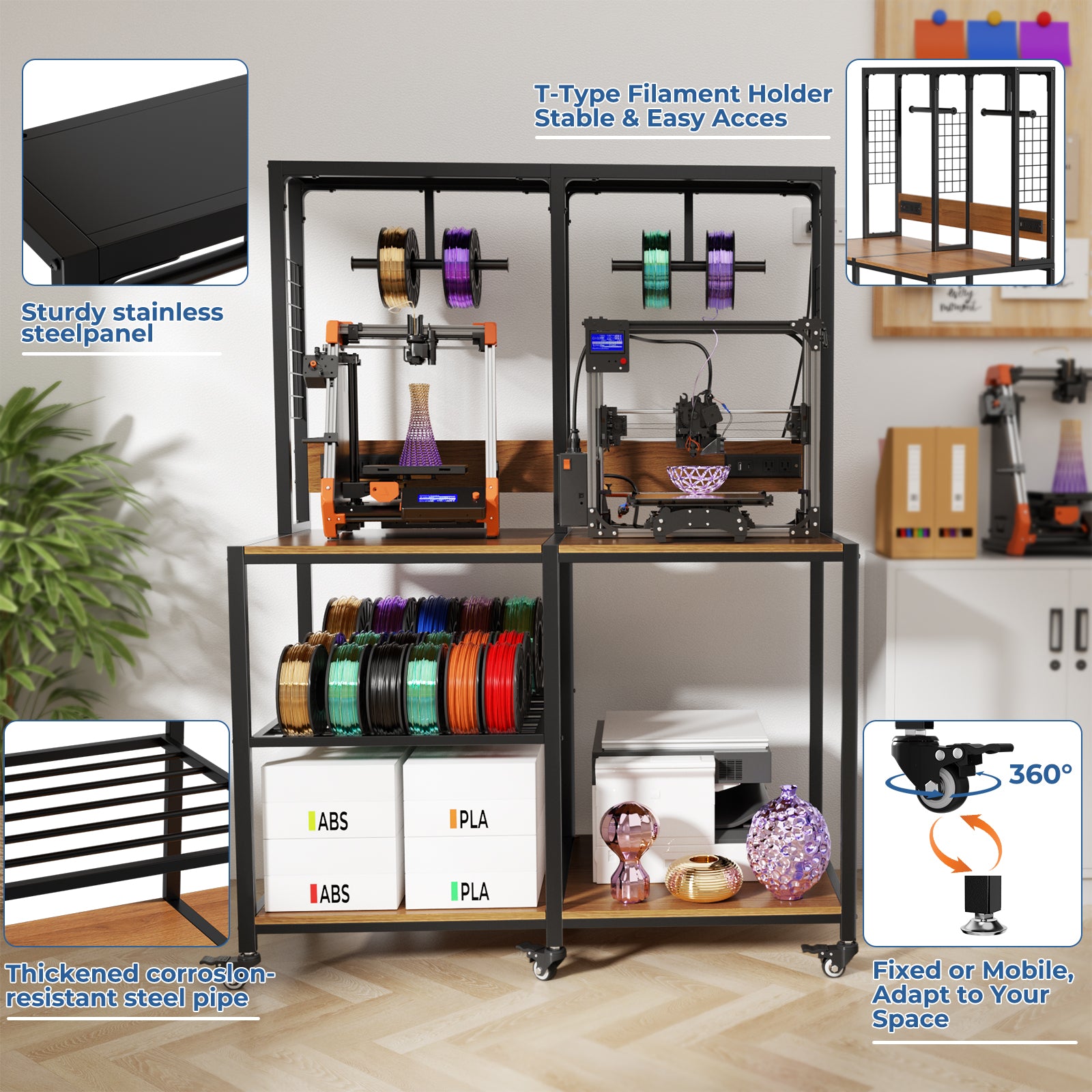 Double 3D Printer Stand With Filament Storage, Heavy-Duty Metal Frame Dual 3D Pr